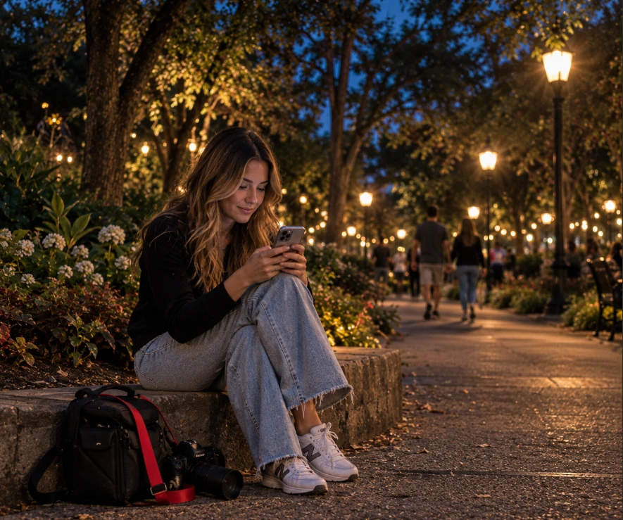A creator sitting on a low park wall at dusk, reviewing photographs on her phone with her camera bag beside her.