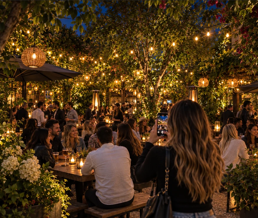 A creator photographing a busy string-lit beer garden on her phone at dusk, the screen showing the same scene.