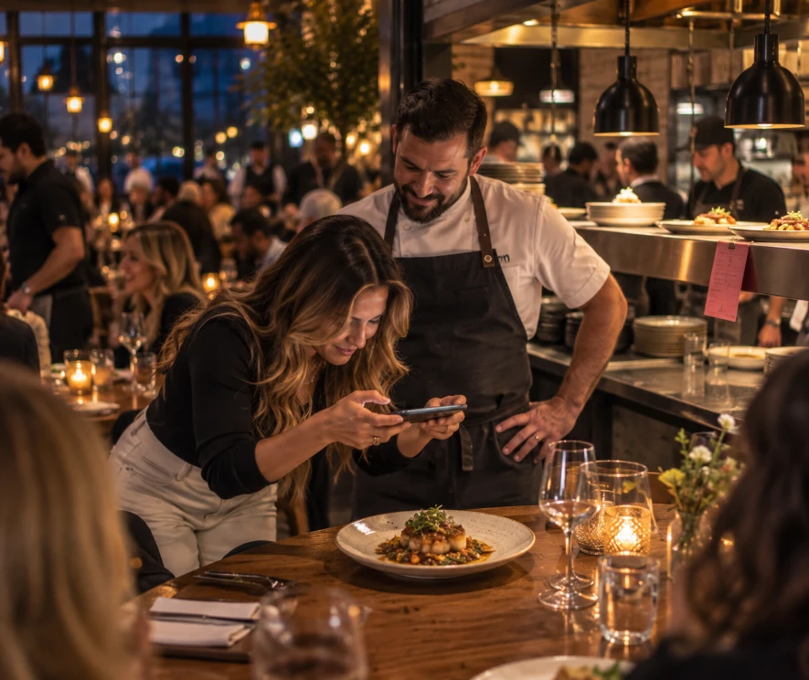 A creator photographing a plated dish on a phone at a restaurant pass while the chef looks on.